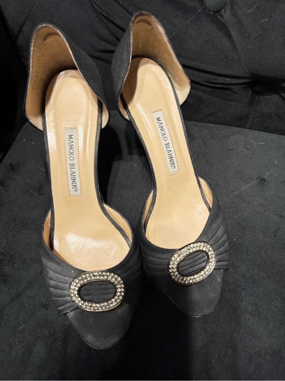 Manolo Blahnik Black D'Orsay Open-Toe Pumps with Crystal Oval Buckle